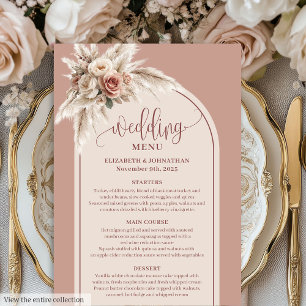 Verfeinerte Arch Pastellrosa Pampas Blumenhochzeit Menükarte