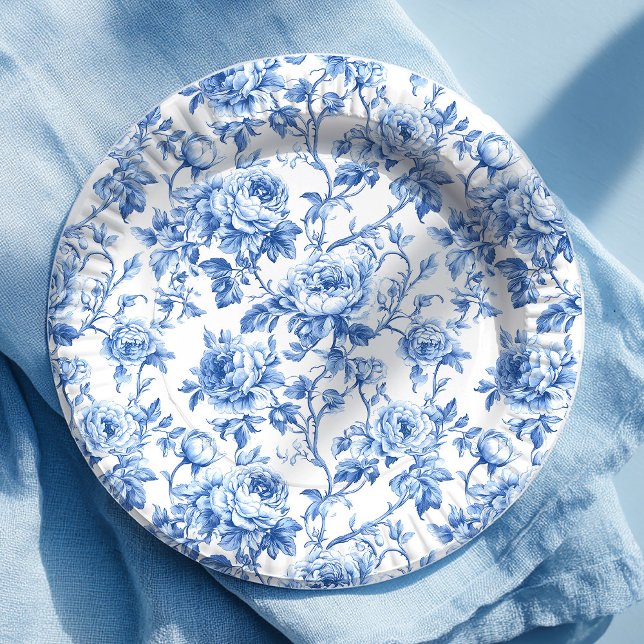 Verfeinerte blaue französische Toile-Rosen-Blumen- Pappteller (Refined Blue French Toile Roses Floral Paper Plates)