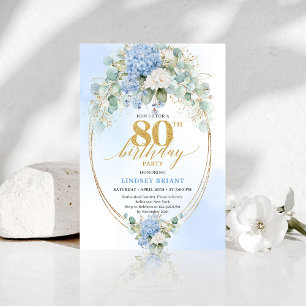 Verfeinerte blaue Hortensie Gold Blumen 80. Geburt Einladung