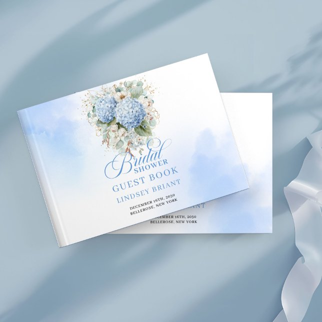 Verfeinerte blaue Hortensien mit goldenen Akzenten Gästebuch (Refined blue hydrangeas gold accents bridal shower guest book

)