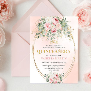 Verfeinerte Boho-Rosa-Rosen-Grün-Gold-Quinceañera Einladung