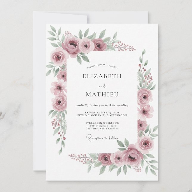Verfeinerte Malven-Blumenhochzeit Einladung (Vorderseite)