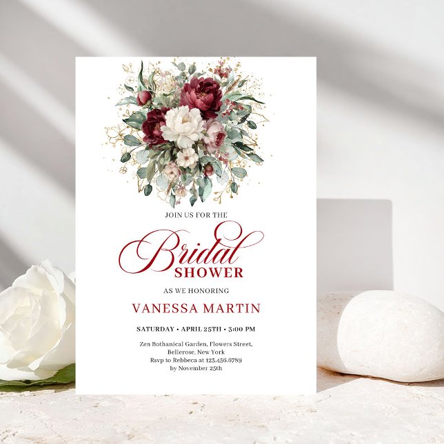 Verfeinerte marine Floral Goldene Hochzeitsdusche- Einladung (Refined Maroon Floral Gold Bridal Shower Invitation)
