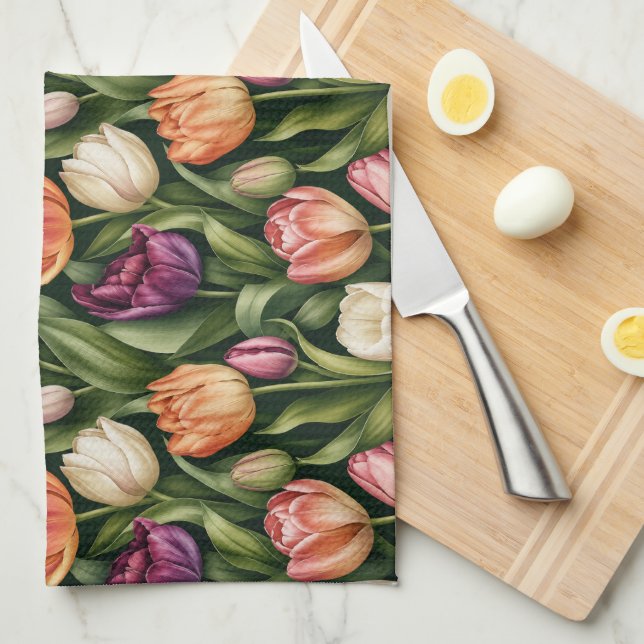 Verfeinerte Tulpen-Botanische-Illustration Geschirrtuch (Viertel Falte)