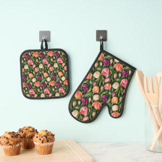 Verfeinerte Tulpen-Botanische-Illustration Ofenhandschuh & Topflappen-Set