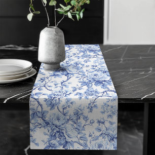 Verfeinerter blauer französischer Toile-Rosen-Blum Großer Tischläufer