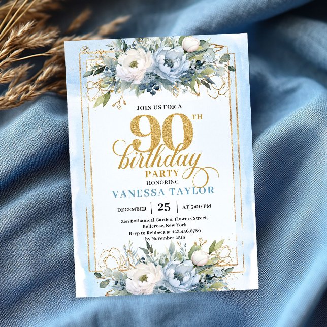 Verfeinerter hellblauer Goldkranz 90. Geburtstag   Einladung (Refined light blue gold wreath 90th birthday invite)
