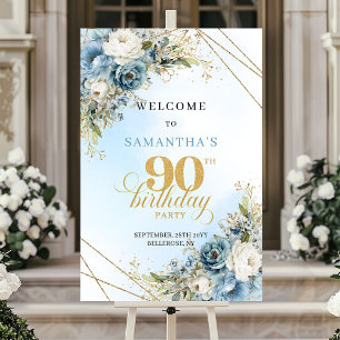 Verfeinertes Aquarellblau Florales Gold 90. Geburt Poster