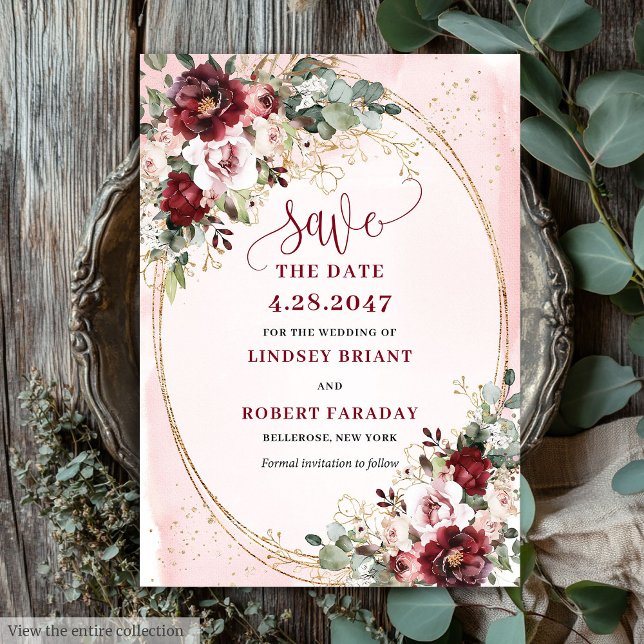 Verfeinertes Boho-Maroon-Blush-Gold-Blumen-Save-Da Einladung (Refined Boho Maroon Blush Gold Floral Save Date)