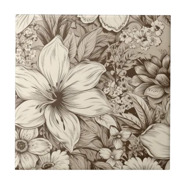 Verfeinertes botanisches Motiv in sanften Sepia-Tö Fliese (Vorderseite)