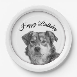 Verfeinertes monochromes Mischlingshund-Geburtstag Pappteller