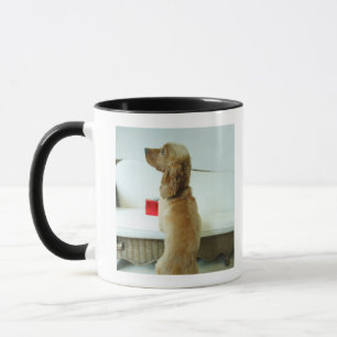 Verfolgen Sie stehendes auf einer Couch mit einem Tasse