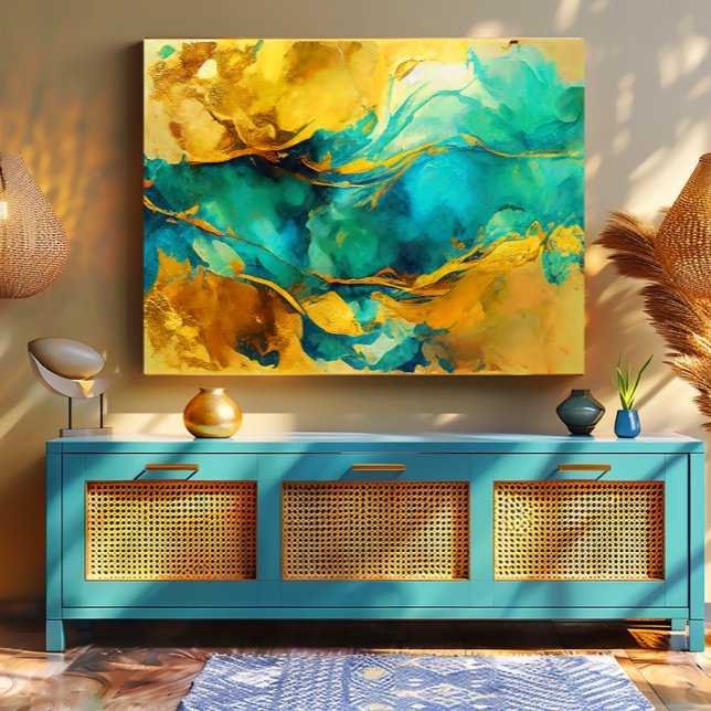 Verführerische Blues und Golden Abstrakt Leinwanddruck (Stunning Abstract Turquoise and Gold Canvas Print/Available in Various Sizes)