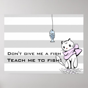 Verführte weiße Katze und Fisch Poster