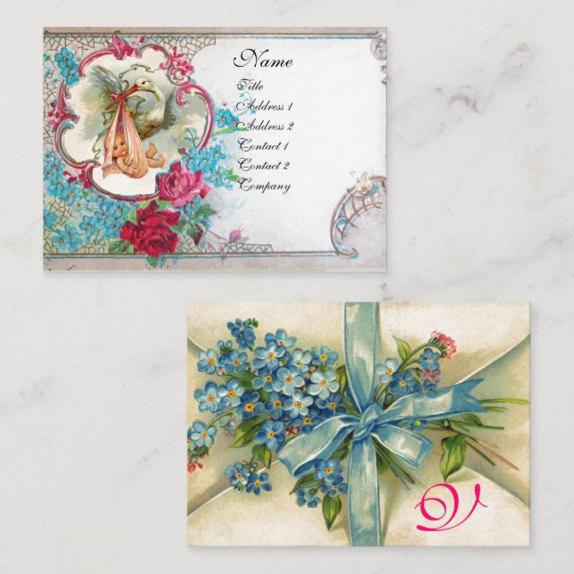 VERGESSEN MICH NOTS STORK BABY SHOWER 2 MONOGRAMM  VISITENKARTE (Vorne/Hinten)