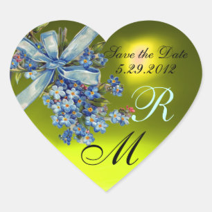 VERGISMEINNICHT MONOGRAMM , HOCHZEITSPARTY gelb bl Herz-Aufkleber