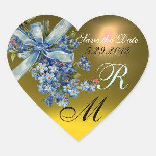 VERGISMEINNICHT MONOGRAMM , HOCHZEITSPARTY gelb bl Herz-Aufkleber