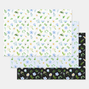 Vergissmeinnicht und Gänseblümchen mit Blattmuster Geschenkpapier Set