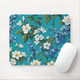Vergissmeinnicht und kleine weiße Blumen Türkis Mousepad