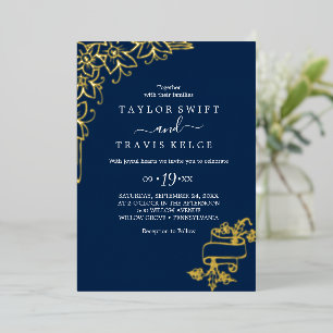 Vergoldet Floral Goldfolie Navy Vorder- und Rück Folieneinladung