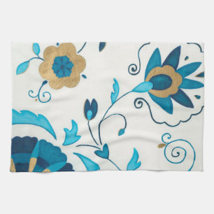 Vergoldete Indigo-Blumen mit weißem Hintergrund Handtuch