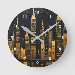Vergoldete Mitternachts-Skyline Runde Wanduhr