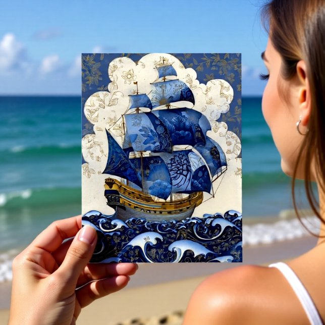 Vergoldeter Delft-Blauer Galleon Postkarte (Von Creator hochgeladen)