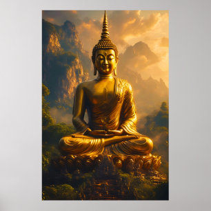 Vergoldeter sitzender Buddha unter einem Sonnenunt Poster