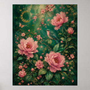 VERGOLDETER SMARAGDGARTEN KOLIBRI-ROSEN II POSTER