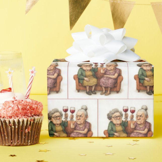 Vergrämte alte Damen mit Rotwein Geschenkpapier (Geburtstagsparty)