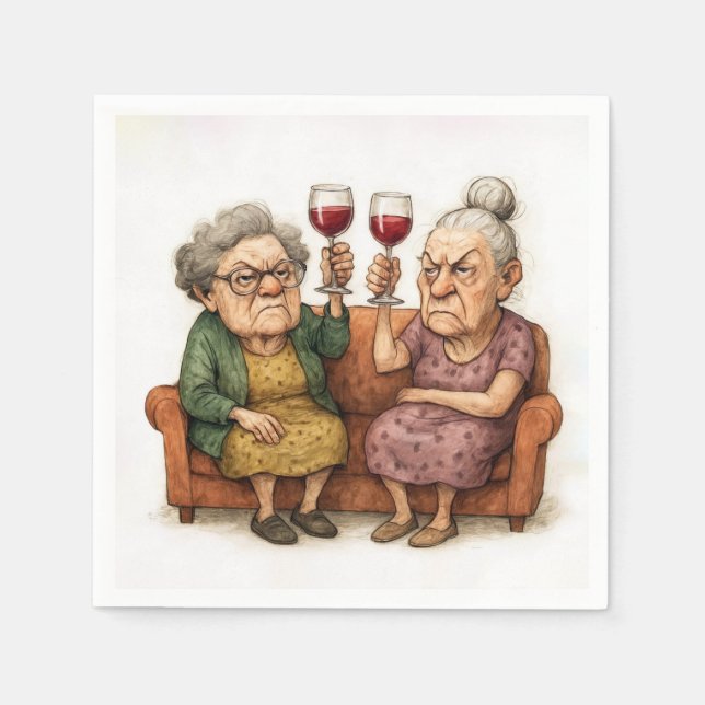 Vergrämte alte Damen mit Rotwein Serviette (Vorderseite)