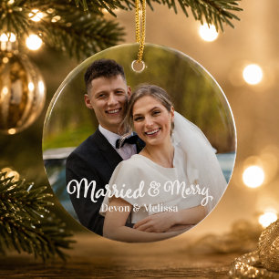 Verheiratet & Fröhlich 1. Erstes Weihnachten Foto- Keramik Ornament