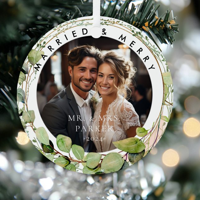 Verheiratet & fröhlich! Elegant, Eukalyptus, Foto Ornament Aus Metall (Married & Merry! Elegant, Eucalyptus, Photo Metal Ornament)