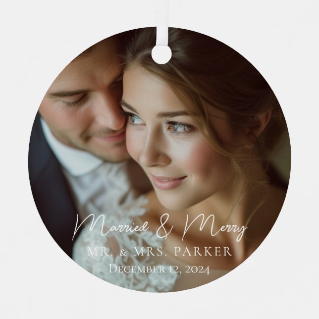 Verheiratet & fröhlich! Elegant, simpel, Foto Ornament Aus Metall (Vorderseite)