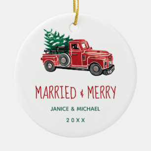 Verheiratet & Fröhlich Vintage-Rotlastwagen-Foto-W Keramik Ornament
