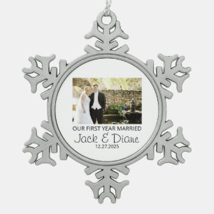 Verheiratet im ersten Jahr - Hochzeitsfoto-Ornamen Schneeflocken Zinn-Ornament