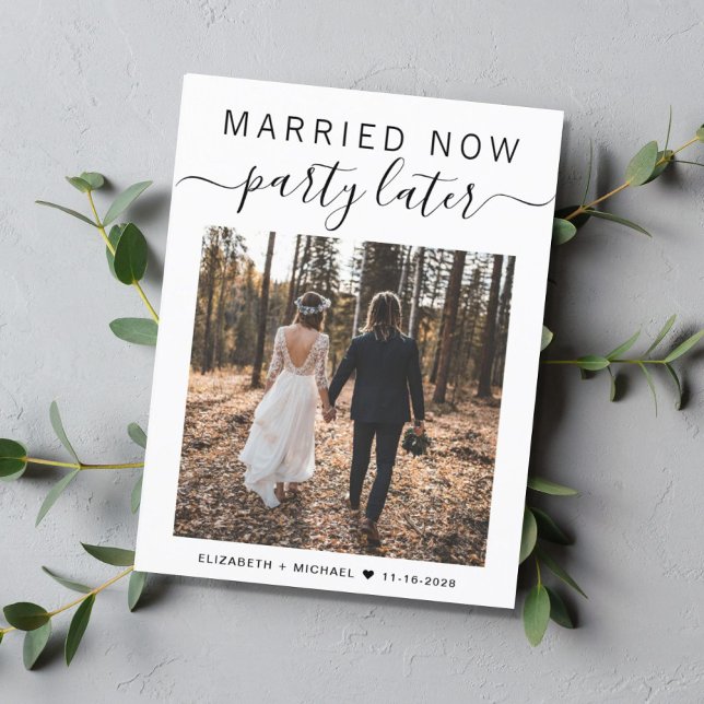 Verheiratet jetzt Party später Foto Hochzeit Ankündigungspostkarte (Von Creator hochgeladen)