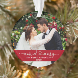Verheiratet Merry Calligraphy Heart Foto Wedding R Ornament