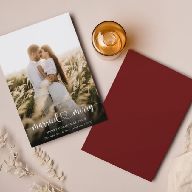 Verheiratet & Merry Elegante Script Foto Holiday C Dankeskarte (Von Creator hochgeladen)