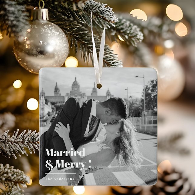 Verheiratet & Merry | Elegantes Black & White Foto Keramikornament (Von Creator hochgeladen)