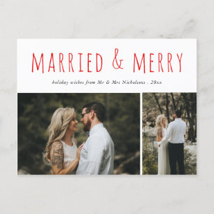 Verheiratet & Merry Modern Elegantes Red Script Fo Feiertagspostkarte