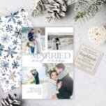 Verheiratet & Merry neu verheiratet Rustic Blue Fo Feiertagskarte<br><div class="desc">Feiern Sie die Liebe und die Saison mit dieser Verheirateten und fröhlichen Urlaubskarte, die vier hochgeschätzte Fotos aus Ihrem Hochzeitstag präsentieren soll. Die moderne blau-graue Typografie, gepaart mit eleganter Schrift, vermittelt ein frisches, winterliches Ambiente, während die großzügige Gestaltung des Fotos sowohl intime als auch spielerische Momente hervorhebt. Ideal für Neuvermählte,...</div>