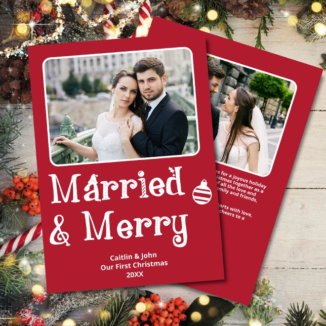 Verheiratet Merry Newlywed 1. Foto Feiertagskarte (Married & Merry Custom Red 2-Photo Christmas Card, whimsical font, personal message on the back.)
