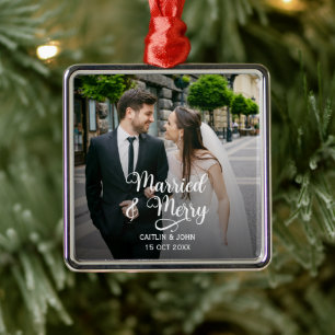 Verheiratet Merry Newlyweds 1. Foto Platz Ornament Aus Metall