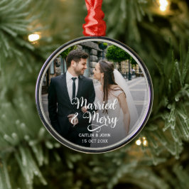 Verheiratet Merry Newlyweds 1. Foto Runde Ornament Aus Metall