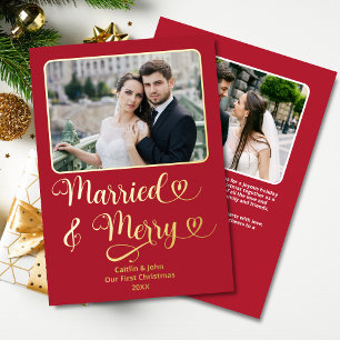 Verheiratet Merry Newlyweds 1. Weihnachts Rote Her Folien Feiertagskarte