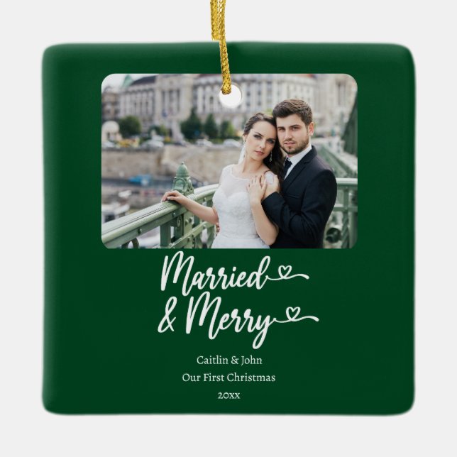Verheiratet Merry Newlyweds 1. Weihnachtsgrün Foto Keramikornament (Vorderseite)
