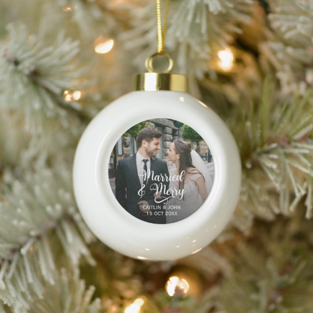 Verheiratet Merry Newlyweds Erstes Foto Keramik Kugel-Ornament (Baum)