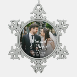 Verheiratet Merry Newlyweds Erstes Foto Schneeflocken Zinn-Ornament