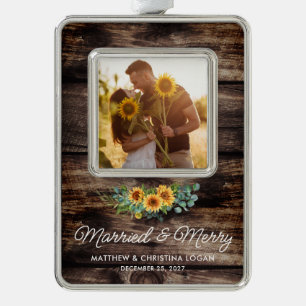 Verheiratet Merry Rustic Sunflower Eukalyptus Foto Rahmen-Ornament Silber